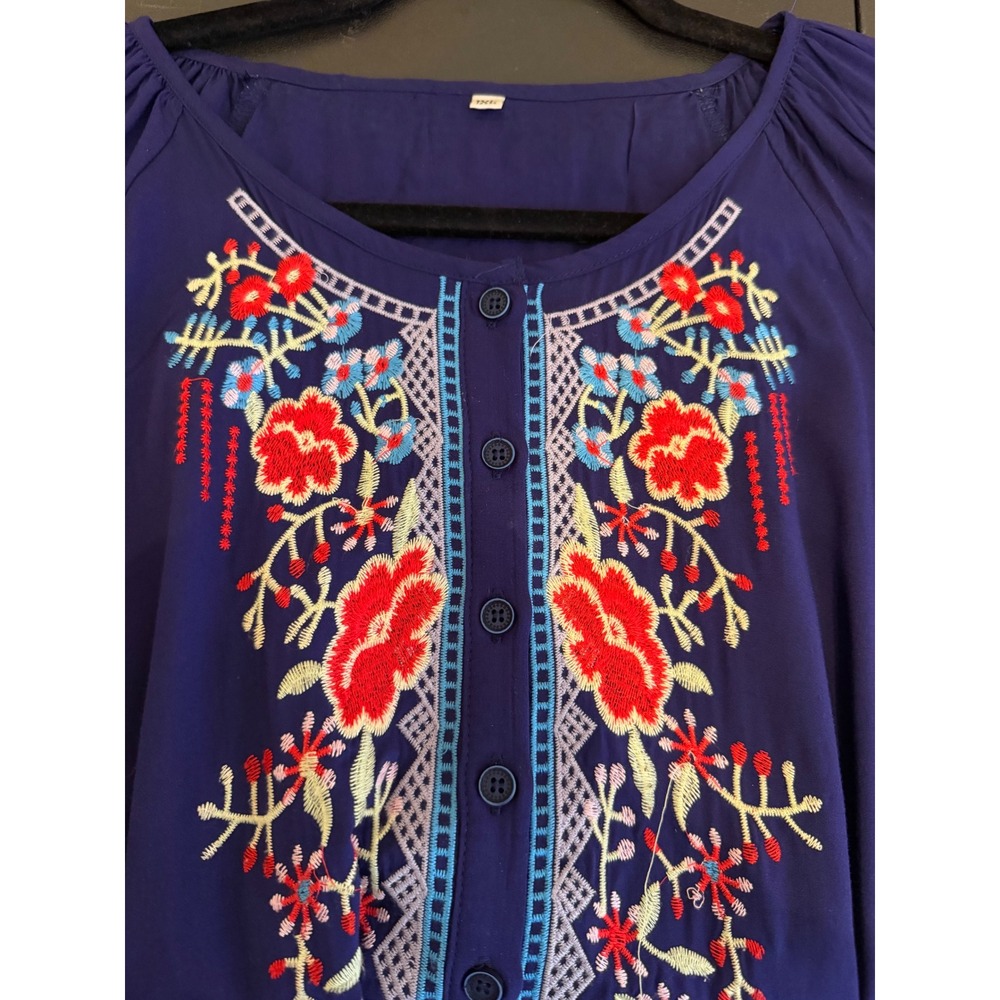 Navy Blue Embroidered Floral Boho 100% Cotton Blouse Top 1XL 3/4 Sleeve Peasant - Picture 8 of 13